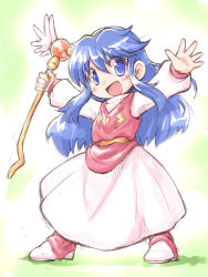Rule 34 | 1girl, :d, blue eyes, blue hair, blush, boots, commentary request, dress, freya jerbain, full body, holding, holding staff, long hair, long sleeves, looking at viewer, open mouth, outstretched arms, pink footwear, pink vest, puffy long sleeves, puffy sleeves, sakurabe notos, sidelocks, smile, solo, spread arms, staff, standing, very long hair, vest, white dress, wings, xak