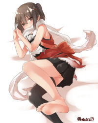 Rule 34 | 10s, 1girl, bare arms, barefoot, batatata77, bed, brown eyes, brown hair, feet, kantai collection, lying, on side, scarf, sendai (kancolle), sendai kai ni (kancolle), simple background, single thighhigh, soles, solo, thighhighs, toes, white background