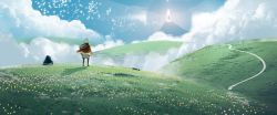 Rule 34 | 1other, absurdres, asteroid ill, bird, cloak, cloud, flower, from behind, highres, hill, light pillar, nature, path, road, rock, scenery, sky: children of the light, sky child, standing, white hair
