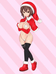 Rule 34 | 1girl, arm under breasts, berumina, breasts, brown eyes, brown hair, cameltoe, capelet, cleft of venus, elbow gloves, finger to mouth, full body, girls und panzer, gloves, hat, highres, large breasts, looking at viewer, navel, nishizumi maho, pasties, santa costume, santa hat, short hair, shushing, solo, tape, tape on nipples, tape on pussy, thighhighs