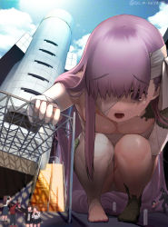 Rule 34 | 1boy, 4girls, bandages, barefoot, breasts, cleavage, crying, eyepatch, fate (series), giant, giantess, hair over one eye, highres, kaita (mokamilkcup), kingprotea (fate), long hair, multiple girls, purple eyes, purple hair, small breasts