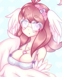 Rule 34 | 1girl, ahoge, bare shoulders, blue background, blue eyes, bow, breasts, brown hair, cleavage, commentary, english commentary, feathered wings, feathers, flower, glasses, hair bow, hair flower, hair ornament, harpy, head wings, heart, heart-shaped eyewear, heart background, heart necklace, highres, jewelry, large breasts, looking at viewer, monster girl, necklace, original, parted lips, solo, the scarlet devil, white feathers, white wings, wings