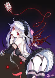 Rule 34 | 1girl, albino, arched back, ass, black panties, blood, blood bag, blush, breasts, character request, dress, horns, maid headdress, mouth hold, panties, red eyes, ribbon, riccae, silver hair, smile, underwear, vampire, wings