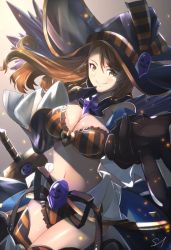 Rule 34 | 10s, 1girl, bare shoulders, beatrix (granblue fantasy), black gloves, blush, breasts, brown hair, cape, cleavage, closed mouth, cowboy shot, detached sleeves, finger to mouth, foreshortening, gloves, granblue fantasy, halloween, halloween costume, hat, large breasts, long hair, long sleeves, looking at viewer, marusan, navel, revealing clothes, smile, solo, stomach, striped clothes, striped thighhighs, sword, thighhighs, weapon, wide sleeves, witch hat, yellow eyes