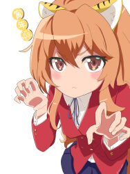 Rule 34 | 1girl, aisaka taiga, animal ear fluff, animal ears, black ribbon, blazer, blue skirt, blush, brown eyes, brown hair, buttoned cuffs, buttons, claw pose, closed mouth, collared shirt, commentary request, cowboy shot, double-breasted, hair between eyes, highres, jacket, long hair, long sleeves, looking at viewer, neck ribbon, oohashi high school uniform, red jacket, ribbon, school uniform, shirt, simple background, skirt, solo, tiger ears, toradora!, translation request, twitter username, white background, white shirt, wuz