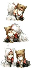 Rule 34 | 2boys, ?, alex mercer, ameyoshi-kun, anger vein, animal ears, annoyed, assassin&#039;s creed (series), cat boy, cat ears, licking another&#039;s cheek, collar, comic, crossover, desmond miles, animal collar, licking another&#039;s face, highres, hood, hooded jacket, jacket, licking, male focus, multiple boys, prototype (game), sweatdrop, tongue, upper body, white background