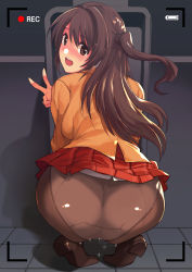 Rule 34 | 1girl, ass, black pantyhose, brown eyes, brown hair, commentary request, highres, idolmaster, idolmaster cinderella girls, loafers, long hair, looking at viewer, looking back, one side up, open mouth, panties, pantyhose, pleated skirt, pussy juice, school uniform, shimamura uzuki, shoes, skirt, solo, squatting, toilet, underwear, user interface, v, white panties, yodareane