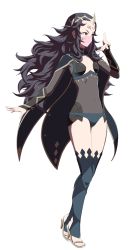 Rule 34 | 1girl, absurdres, artist request, black hair, black thighhighs, blue panties, bodysuit, breasts, cape, covered mouth, facial mark, fire emblem, fire emblem fates, forehead mark, from side, full body, hair ornament, highres, legs together, leotard, long hair, narrow waist, navel, nintendo, nyx (fire emblem), panties, red eyes, revealing clothes, see-through, simple background, small breasts, solo, standing, thighhighs, thighs, underwear, v-shaped eyebrows, very long hair, wavy hair, white background