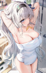 Rule 34 | 1girl, absurdres, arlene (ju), armpits, arms behind head, arms up, black hairband, blue eyes, blurry, blurry background, blush, breasts, cleavage, closed mouth, collarbone, commentary request, firefly (honkai: star rail), grey hair, hair intakes, hair tie in mouth, hairband, highres, honkai: star rail, honkai (series), large breasts, long hair, mouth hold, naked towel, purple eyes, sidelocks, solo, standing, towel, wet
