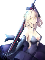 Rule 34 | 1girl, ahoge, arm up, artoria pendragon (all), artoria pendragon (fate), black dress, black gloves, breasts, cleavage, closed mouth, collarbone, dress, elbow gloves, excalibur morgan (fate), fate/stay night, fate (series), floating hair, gloves, gothic lolita, hair between eyes, highres, holding, holding sword, holding weapon, lolita fashion, long dress, long hair, looking at viewer, majo 0202, medium breasts, saber alter, sideboob, silver hair, simple background, sleeveless, sleeveless dress, solo, standing, sword, weapon, white background, yellow eyes