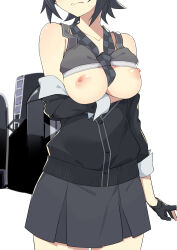 Rule 34 | 1girl, black cardigan, black gloves, black hair, black necktie, breasts, breasts out, cardigan, checkered necktie, collarbone, fingerless gloves, gloves, grey skirt, head out of frame, highres, kantai collection, medium breasts, morisobo, necktie, nipples, short hair, simple background, skirt, solo, tenryuu (kancolle), thighs, wavy mouth, white background
