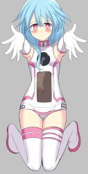 Rule 34 | armpits, bare shoulders, blue hair, bodysuit, boots, breasts, gloves, grey background, highres, neptune (series), pink eyes, rom (neptunia), sdnkth016, short hair, small breasts, smile, thighs, white sister rom
