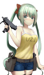 Rule 34 | 1girl, bare shoulders, black thighhighs, blush, breasts, camisole, character name, cleavage, commentary, core (pusn3354), cowboy shot, denim, denim shorts, english commentary, girls&#039; frontline, green eyes, green hair, gun, highres, holding, holding gun, holding weapon, holster, large breasts, looking at viewer, micro uzi, micro uzi (dorky sleepyhead) (girls&#039; frontline), micro uzi (girls&#039; frontline), official alternate costume, short hair, shorts, sidelocks, simple background, solo, submachine gun, thighhighs, trigger discipline, twintails, weapon, white background, yellow camisole