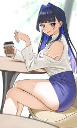Rule 34 | 1girl, :p, absurdres, bare legs, black hair, blue eyes, blue hair, blue skirt, blunt bangs, blush, clothing cutout, colored inner hair, crossed legs, cup, disposable cup, dunchy, feet out of frame, hair intakes, highres, hololive, hololive english, light smile, long hair, looking at viewer, looking to the side, miniskirt, multicolored hair, ouro kronii, shirt, shoulder cutout, sitting, skirt, solo, tongue, tongue out, two-tone hair, very long hair, virtual youtuber, white shirt