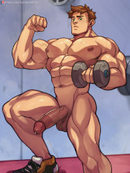 Rule 34 | 1boy, abs, alex (stardew valley), alternate pectoral size, bara, biceps, brown hair, completely nude, dumbbell, erection, exercising, flexing, foot out of frame, jimsdaydreams, large pectorals, male focus, muscular, muscular male, navel, nipples, nude, pectorals, penis, short hair, sideburns, solo, stardew valley, stomach, thick thighs, thighs, uncensored, veins, veiny penis, weightlifting