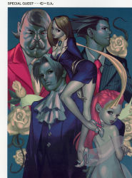 Rule 34 | 2girls, 3boys, absurdres, ace attorney, ascot, bare legs, bare shoulders, blue background, breasts, capcom, cleavage, dahlia hawthorne, facial hair, fat, fat man, flower, formal, full body, high heels, highres, leaning forward, limited palette, lips, looking at viewer, looking back, looking to the side, magatama, marvin grossberg, medium breasts, melissa foster, mia fey, miles edgeworth, miniskirt, mootan, multiple boys, multiple girls, mustache, necktie, no bra, old, old man, pencil skirt, phoenix wright, phoenix wright: ace attorney - trials and tribulations, pink blazer, pink hair, pink neckwear, pinstripe pattern, pinstripe suit, rose, shoes, simple background, skirt, skirt suit, standing, standing on one leg, striped, suit, white flower, white rose