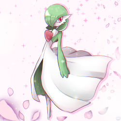 Rule 34 | 1girl, bob cut, chromatic aberration, colored skin, creatures (company), drop shadow, female focus, flat chest, full body, game freak, gardevoir, gen 3 pokemon, green hair, green skin, hair over one eye, haru (chill3838), highres, looking to the side, multicolored skin, nintendo, no mouth, petals, pink background, pokemon, pokemon (creature), red eyes, short hair, simple background, solo, sparkle, standing, two-tone skin, white skin