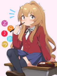 Rule 34 | 1girl, aisaka taiga, black ribbon, black thighhighs, blazer, blue skirt, brown eyes, brown footwear, brown hair, buttoned cuffs, buttons, chopsticks, chopsticks in mouth, collared shirt, commentary request, desk, double-breasted, foot out of frame, hand up, highres, holding, holding chopsticks, jacket, light blush, long hair, long sleeves, neck ribbon, notice lines, on desk, pleated skirt, red jacket, ribbon, sakurami sumi, school desk, shirt, shoes, sitting, skirt, thighhighs, toradora!, white shirt