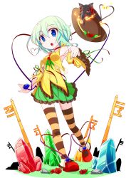 Rule 34 | 1girl, adapted costume, armpits, bare shoulders, blue eyes, blue hair, byoubyou, cat, choker, crystal, detached sleeves, fiery tail, flower, hat, heart, heart of string, kaenbyou rin, kaenbyou rin (cat), key, komeiji koishi, long sleeves, looking at viewer, multiple tails, nekomata, open mouth, pointing, pointing at viewer, red eyes, red flower, red rose, rose, shirt, simple background, skirt, striped clothes, striped thighhighs, tail, thighhighs, third eye, touhou, two tails, unworn hat, unworn headwear, walking, white background, wide sleeves, zettai ryouiki