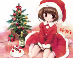 Rule 34 | 1girl, bauble, bell, bottle, brown eyes, brown hair, cake, christmas, christmas ornaments, christmas tree, cup, drinking glass, english text, food, gift, looking at viewer, merry christmas, mimukamu, no shoes, original, own hands together, pastry, pink thighhighs, plate, santa claus, santa costume, short hair, sitting, smile, solo, striped clothes, striped thighhighs, thighhighs, wariza, white thighhighs, wine bottle, wine glass