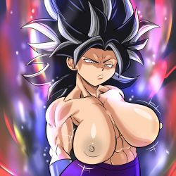 Rule 34 | 1girl, abs, absurdres, armpits, arms at sides, big hair, black hair, breasts, breasts apart, caulifla, closed mouth, dragon ball, dragon ball super, female focus, highres, large breasts, looking at viewer, motion lines, navel, nipples, pseudocel, saiyan, serious, simple background, solo, spiked hair, standing, toned, topless, ultra instinct, upper body, white eyes