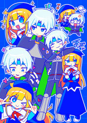 &gt;_o +_+ 1boy 1girl :&lt; absurdres anger_vein black_gloves blonde_hair blue_background blue_eyes blush closed_eyes closed_mouth double_v fingerless_gloves flower gloves highres long_hair long_sleeves looking_at_another musical_note offbeat one_eye_closed open_mouth puyopuyo schezo_wegey short_hair smile v witch_(puyopuyo)