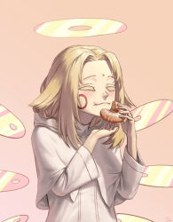 Rule 34 | 1girl, absurdres, blonde hair, capelet, closed mouth, detached wings, doughnut, eating, ellinyse, food, halo, highres, holding, holding food, inori areruya, long eyelashes, long hair, long sleeves, shy (series), smile, solo, upper body, white capelet, wings
