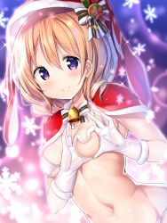 Rule 34 | 1girl, bell, bikini, blurry, blurry background, blush, bow, breasts, capelet, closed mouth, commentary request, covered erect nipples, depth of field, fur-trimmed gloves, fur trim, gloves, gochuumon wa usagi desu ka?, highres, hood, hood up, hooded capelet, hoto cocoa, kurou (quadruple zero), long hair, looking at viewer, medium breasts, navel, purple eyes, rabbit-shaped pupils, red capelet, red headwear, smile, snowflakes, solo, sparkle, striped, striped bow, swimsuit, symbol-shaped pupils, white bikini, white bow, white gloves