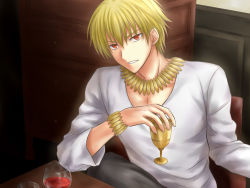 Rule 34 | 1boy, alcohol, bad id, bad pixiv id, blonde hair, bracelet, cup, drinking glass, fate/stay night, fate/zero, fate (series), gilgamesh (fate), hitoha, jewelry, male focus, necklace, official alternate costume, red eyes, short hair, solo, wine, wine glass