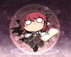 Rule 34 | &gt;:(, 1girl, ascot, bat wings, book, chibi, circle, collared shirt, commentary request, dress shirt, frown, full body, glowing, head wings, hexagram, holding, holding book, koakuma, light particles, long hair, low wings, magic circle, nekoguruma, o o, open book, pointy ears, red hair, shirt, solo, touhou, v-shaped eyebrows, vest, white shirt, wide face, wings