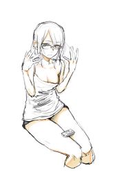 Rule 34 | 1girl, breasts, cleavage, glasses, highres, kotoyama, looking at viewer, monochrome, original, short hair, shorts, simple background, sketch, solo, white background