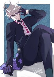 Rule 34 | 1boy, adjusting eyewear, ahoge, aqua background, argyle, arm support, ascot, belt, bespectacled, black coat, black eyes, black gloves, black pants, border, coat, crossed legs, facial mark, fate/grand order, fate (series), feet out of frame, glasses, gloves, grey hair, hair between eyes, half gloves, highres, james moriarty (ruler) (fate), kimidorix32, looking at viewer, male focus, official alternate costume, outside border, pants, parted lips, patterned background, purple ascot, puzzle piece print, short hair, sitting, smile, solo, white border