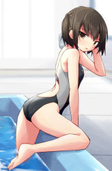 Rule 34 | 1girl, ass, barefoot, black hair, black one-piece swimsuit, brown eyes, commentary request, competition school swimsuit, kakizaki (chou neji), kantai collection, looking at viewer, one-piece swimsuit, poolside, school swimsuit, sendai (kancolle), solo, swimsuit, two side up