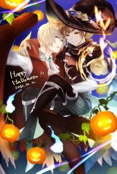 Rule 34 | 10s, 2016, 2boys, albert (shingeki no bahamut), alternate costume, arm around neck, blonde hair, boots, brown eyes, brown hair, ascot, dated, fang, gloves, gran (granblue fantasy), granblue fantasy, halloween costume, hat, highres, jack-o&#039;-lantern, knee boots, male focus, multiple boys, nuu (liebe sk), parted lips, plant, pumpkin, red eyes, shingeki no bahamut, vampire, vines, warlock (granblue fantasy), witch hat