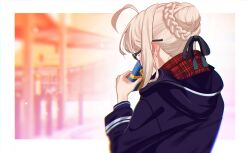 Rule 34 | 1girl, absurdres, antenna hair, artoria pendragon (fate), blonde hair, blush, fate (series), glasses, hair ribbon, highres, hood, hooded jacket, jacket, mysterious heroine x alter (fate), ribbon, scarf, solo, suppa (hagakuresuppa), upper body