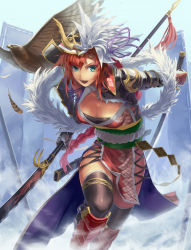 Rule 34 | 1girl, armor, banner, bird, black thighhighs, blue eyes, braid, breasts, cleavage, cuboon, dual wielding, falcon, feather boa, feathers, fog, helm, helmet, holding, katana, large breasts, md5 mismatch, nobori, open mouth, original, polearm, red hair, scabbard, sengoku taisen, sheath, short hair, smile, solo, spear, sword, thighhighs, weapon