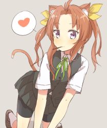 Rule 34 | 10s, 1girl, absurdres, ahoge, all fours, animal ears, bad id, bad twitter id, bike shorts, bike shorts under skirt, brown hair, chocolate, collared shirt, food, hair ornament, hair ribbon, heart, highres, kagerou (kancolle), kantai collection, kemonomimi mode, loafers, long hair, looking at viewer, mouth hold, nonono (mino), pocky, purple eyes, ribbon, school uniform, serafuku, shirt, shoes, shorts, shorts under skirt, simple background, skirt, smile, solo, spoken heart, tail, twintails, white legwear