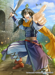 Rule 34 | 1boy, bird, boots, brown eyes, brown hair, bug, butterfly, company name, day, fire emblem, fire emblem: thracia 776, fire emblem cipher, grass, bug, long hair, low ponytail, male focus, nintendo, official art, open mouth, scarf, shanam (fire emblem), sky, solo, sword, teeth, tree, weapon