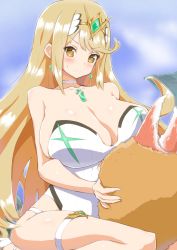 Rule 34 | 1girl, bea (bropmlk), blonde hair, blush, breasts, cleavage, commentary, crab, crab stick, earrings, hair ornament, headpiece, highres, holding, huge breasts, jewelry, large breasts, long hair, looking at viewer, mythra (radiant beach) (xenoblade), mythra (xenoblade), nintendo, one-piece swimsuit, smile, solo, swept bangs, swimsuit, tiara, very long hair, xenoblade chronicles (series), xenoblade chronicles 2, yellow eyes