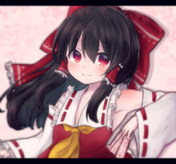 Rule 34 | 1girl, between fingers, black hair, bow, collared shirt, commentary request, detached sleeves, floral background, frilled shirt collar, frills, hair between eyes, hair bow, hair tubes, hakurei reimu, highres, holding, letterboxed, long hair, long sleeves, ofuda, ofuda between fingers, pink background, red bow, red eyes, red shirt, rensei, ribbon-trimmed sleeves, ribbon trim, shirt, sleeveless, sleeveless shirt, sleeves past wrists, solo, touhou, upper body, white sleeves, wide sleeves