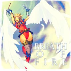 Rule 34 | 1girl, blonde hair, blue eyes, boots, breath of fire, capcom, feathers, female focus, gloves, highres, nina (breath of fire i), sky, sword, weapon, wing