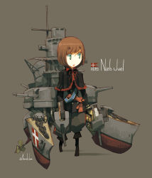 Rule 34 | 1girl, asterisk kome, brown hair, cannon, capelet, danish flag, gloves, green eyes, gun, holding, holding gun, holding weapon, long sleeves, machinery, mecha musume, military, military uniform, military vehicle, niels juel (ship), original, personification, propeller, ship, simple background, solo, turret, uniform, warship, watercraft, weapon
