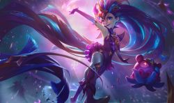 Rule 34 | 1girl, absurdres, alternate costume, alternate hair color, armpits, elbow gloves, gloves, glowing, glowing eye, highres, league of legends, lips, lipstick, long hair, magical girl, makeup, official art, purple hair, purple lips, star (symbol), star guardian (league of legends), star guardian zoe, thighhighs, very long hair, zoe (league of legends)