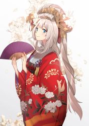 Rule 34 | 1girl, blonde hair, blue eyes, cherry blossoms, fate/grand order, fate (series), floral print, folding fan, furisode, hand fan, highres, holding, holding fan, japanese clothes, kimono, long hair, looking at viewer, marie antoinette (fate), marie antoinette (the princess&#039; pilgrimage) (fate), no-kan, obi, obijime, official alternate costume, print kimono, red kimono, sash, simple background, smile, solo, very long hair, wide sleeves