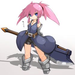 Rule 34 | 1girl, axe, belt, black shorts, blue coat, blue eyes, boots, coat, elbow gloves, full body, gloves, grey footwear, grey gloves, highres, holding, holding axe, karukan (monjya), knee boots, long hair, looking at viewer, pink hair, presea combatir, shadow, shorts, sidelocks, simple background, solo, standing, tales of (series), tales of symphonia, twintails, weapon, white background