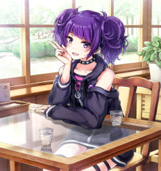 Rule 34 | 1girl, :d, arm rest, bare shoulders, black choker, black shirt, brown nails, bush, chair, choker, collarbone, cup, day, diagonal bangs, drinking glass, forest, hand up, hood, hood down, hoodie, idolmaster, idolmaster shiny colors, indoors, lipstick, long hair, long sleeves, looking at viewer, makeup, menu, nature, off shoulder, open mouth, plant, potted plant, purple eyes, purple hair, shirt, sidelocks, sitting, sleeves past wrists, smile, solo, studded choker, table, tanaka mamimi, tokeshi, tree, twintails, v, water, window, zipper, zipper pull tab