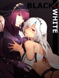 Rule 34 | 2girls, altera (fate), armor, back, bandeau, bare shoulders, black nails, black vs white, bodysuit, grabbing another&#039;s breast, breasts, bright pupils, circlet, detached sleeves, english text, fate/grand order, fate (series), forehead protector, gem, grabbing, half-closed eyes, hand in another&#039;s hair, highres, i-pan, long sleeves, looking at viewer, medium breasts, multiple girls, nail polish, naughty face, parted lips, purple bodysuit, purple hair, red eyes, red ribbon, ribbon, scathach (fate), shoulder armor, simple background, smile, tsurime, upper body, veil, white hair, yuri