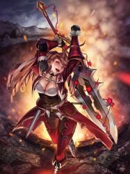 Rule 34 | 1girl, armor, breasts, cleavage, highres, monster hunter (series), monster hunter mezeporta kaitaku-ki, solo, sword, volcano, weapon