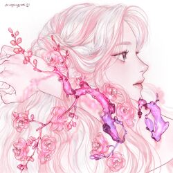 1girl arm_up braid branch conyang_316 crown_braid flower from_side glass grey_eyes highres lips long_hair original parted_bangs pink_hair plum_blossoms portrait profile solo wavy_hair