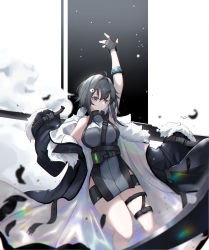 Rule 34 | 1girl, absurdres, ahoge, alternate breast size, arknights, armband, black coat, black gloves, breasts, coat, commentary, dress, feathers, feet out of frame, fingerless gloves, fur-trimmed coat, fur trim, gloves, grey dress, grey eyes, grey hair, hair ornament, hairclip, hand up, highres, holding, holding scythe, holding weapon, ifi (1158029887), infection monitor (arknights), la pluma (arknights), large breasts, looking at viewer, off shoulder, open clothes, open coat, pelvic curtain, scythe, short hair, sidelocks, simple background, solo, thigh strap, weapon, white background